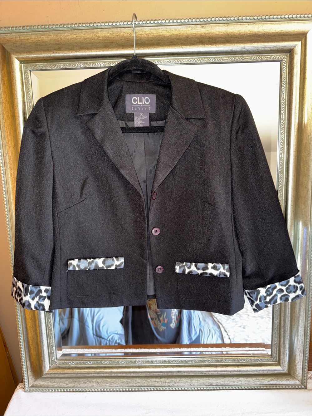 Clio Suit Petite Cropped Black with Leopard Cuff and Pocket Accents - Size 8P